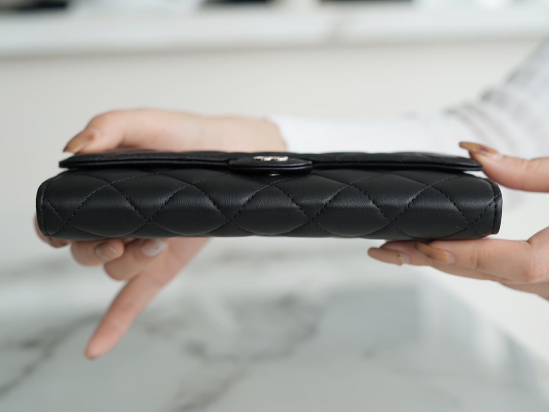 Classic Flap Long Wallet, Black Silver, Lambskin  