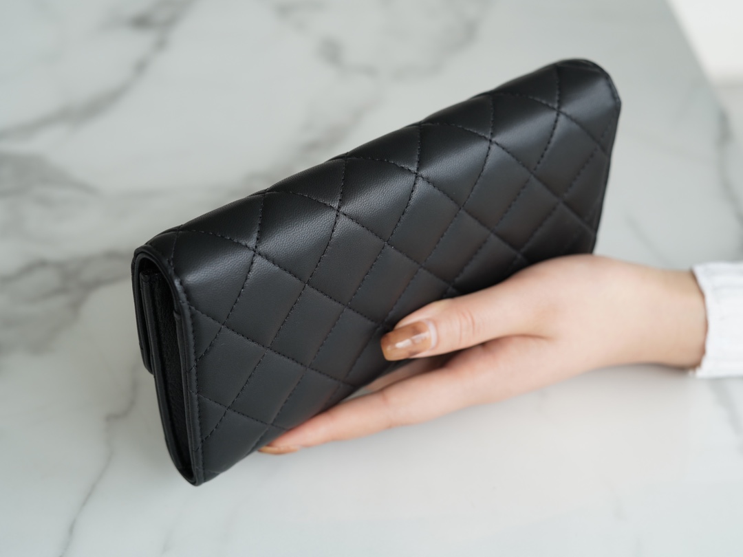 Classic Flap Long Wallet, Black Silver, Lambskin  