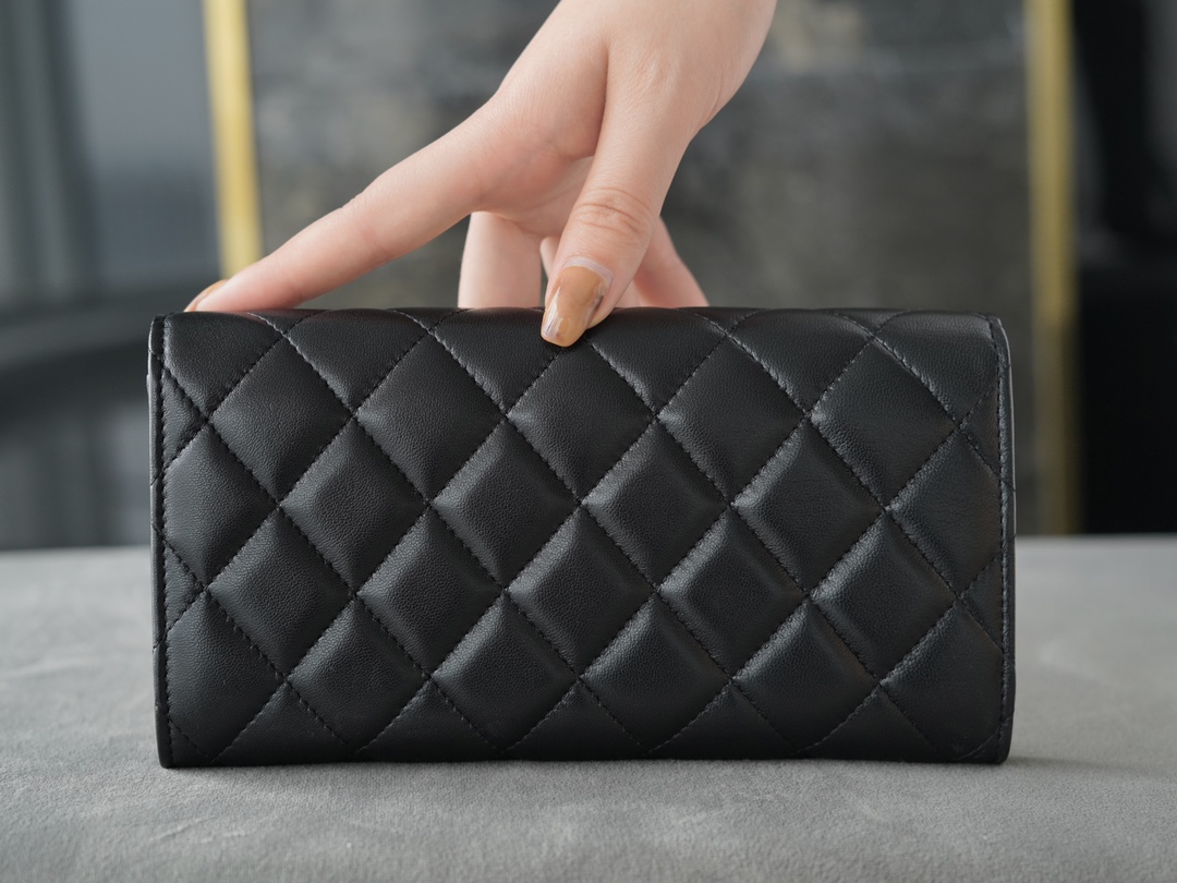 Classic Flap Long Wallet, Black Gold, Lambskin  