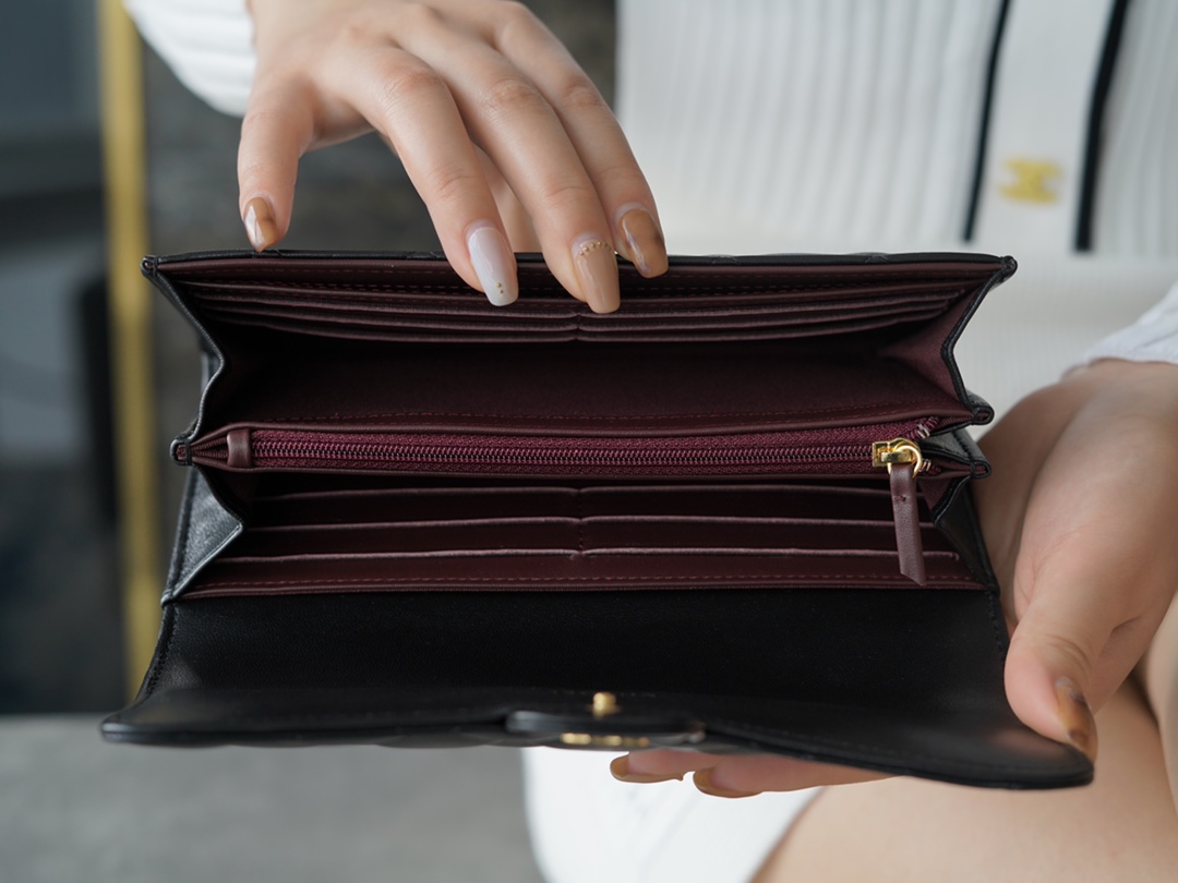 Classic Flap Long Wallet, Black Gold, Lambskin  