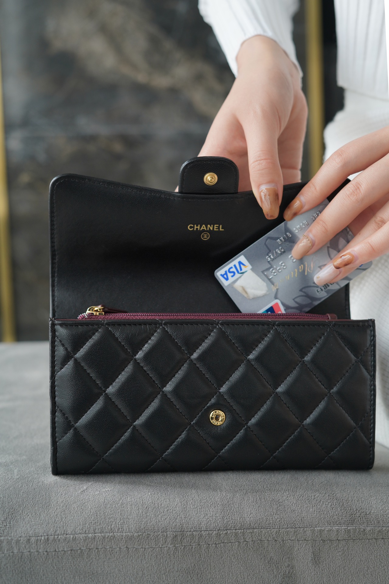 Classic Flap Long Wallet, Black Gold, Lambskin  