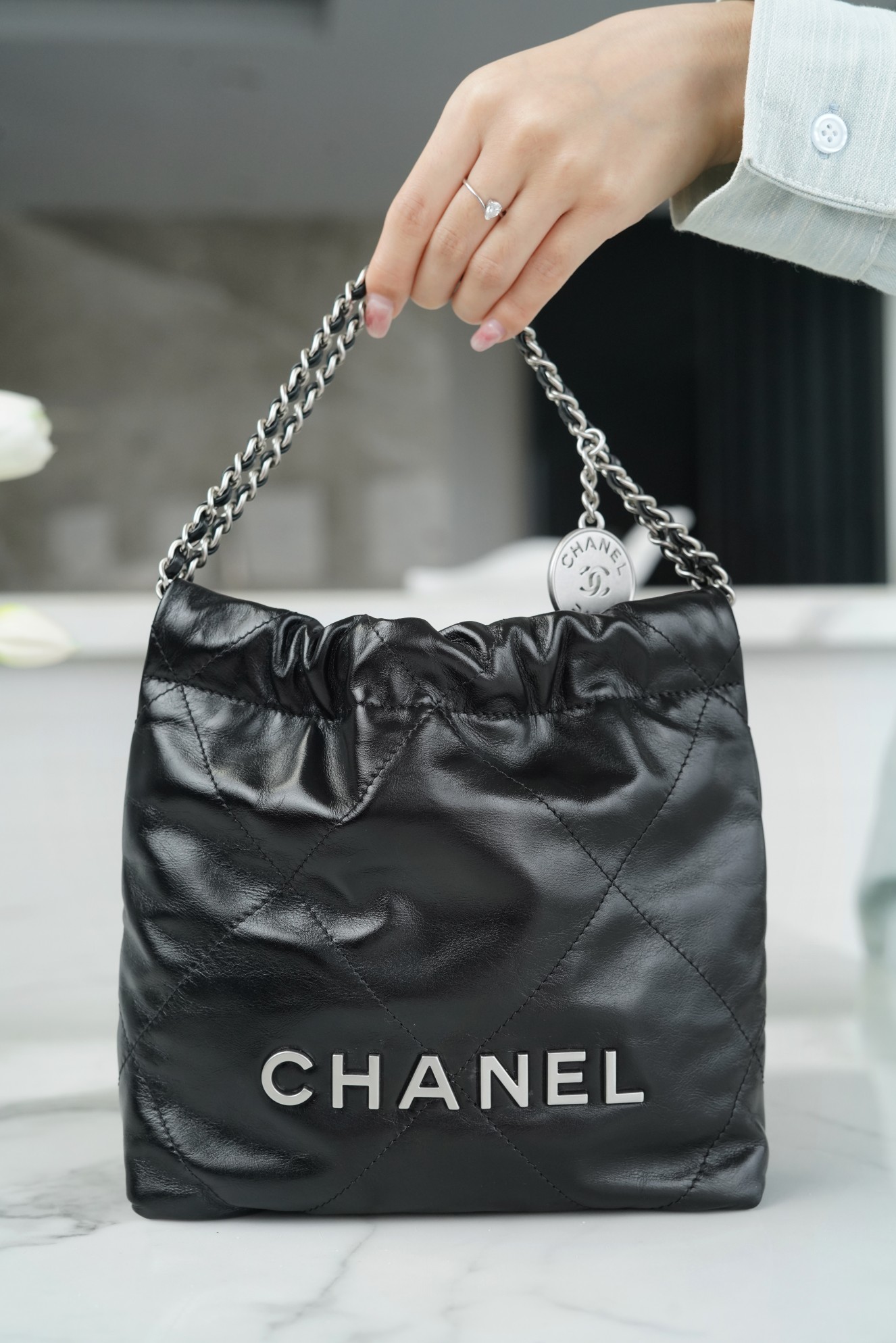 Chanel 23S 22 Mini Bag, Black Silver, Calfskin  