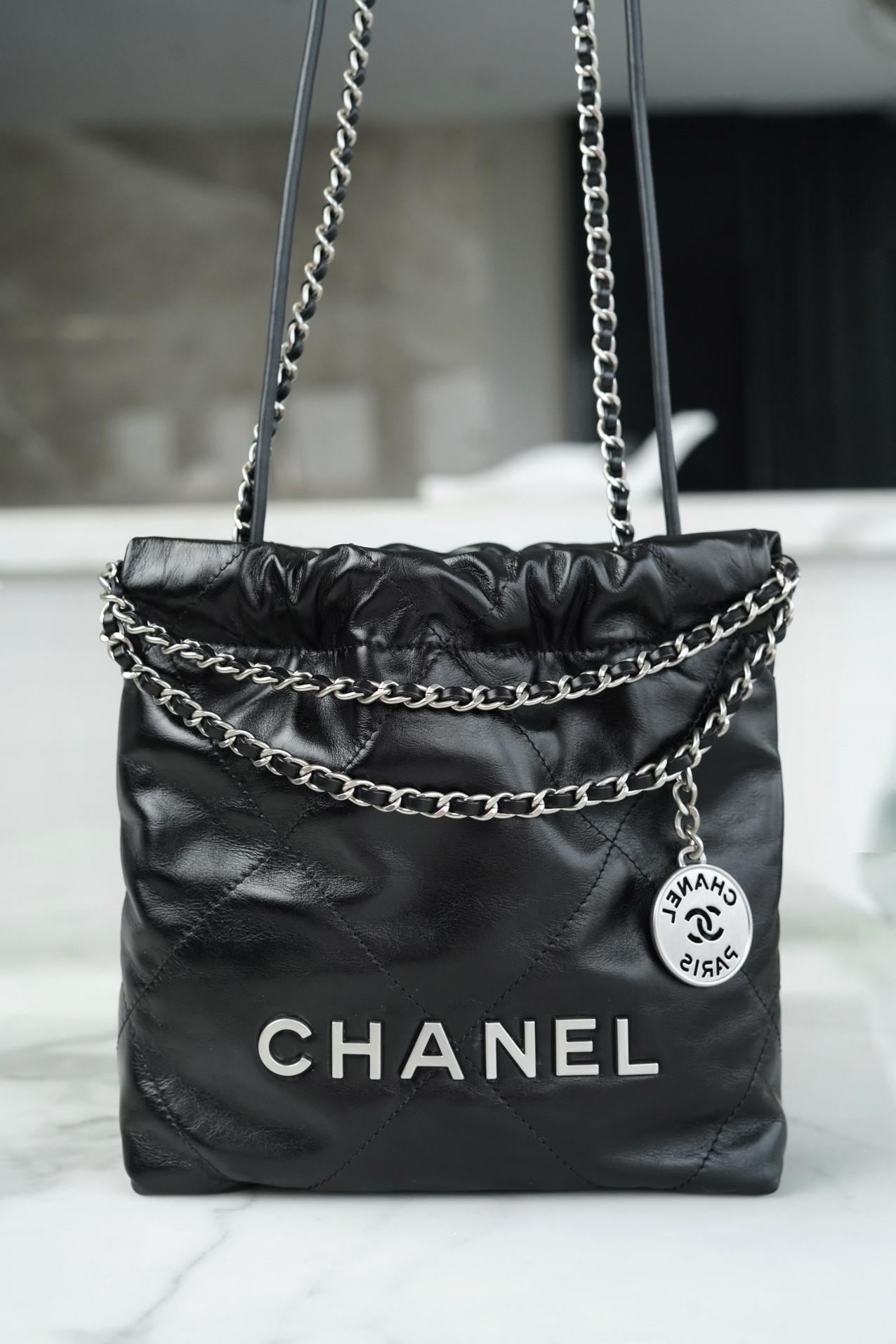 Chanel 23S 22 Mini Bag, Black Silver, Calfskin  