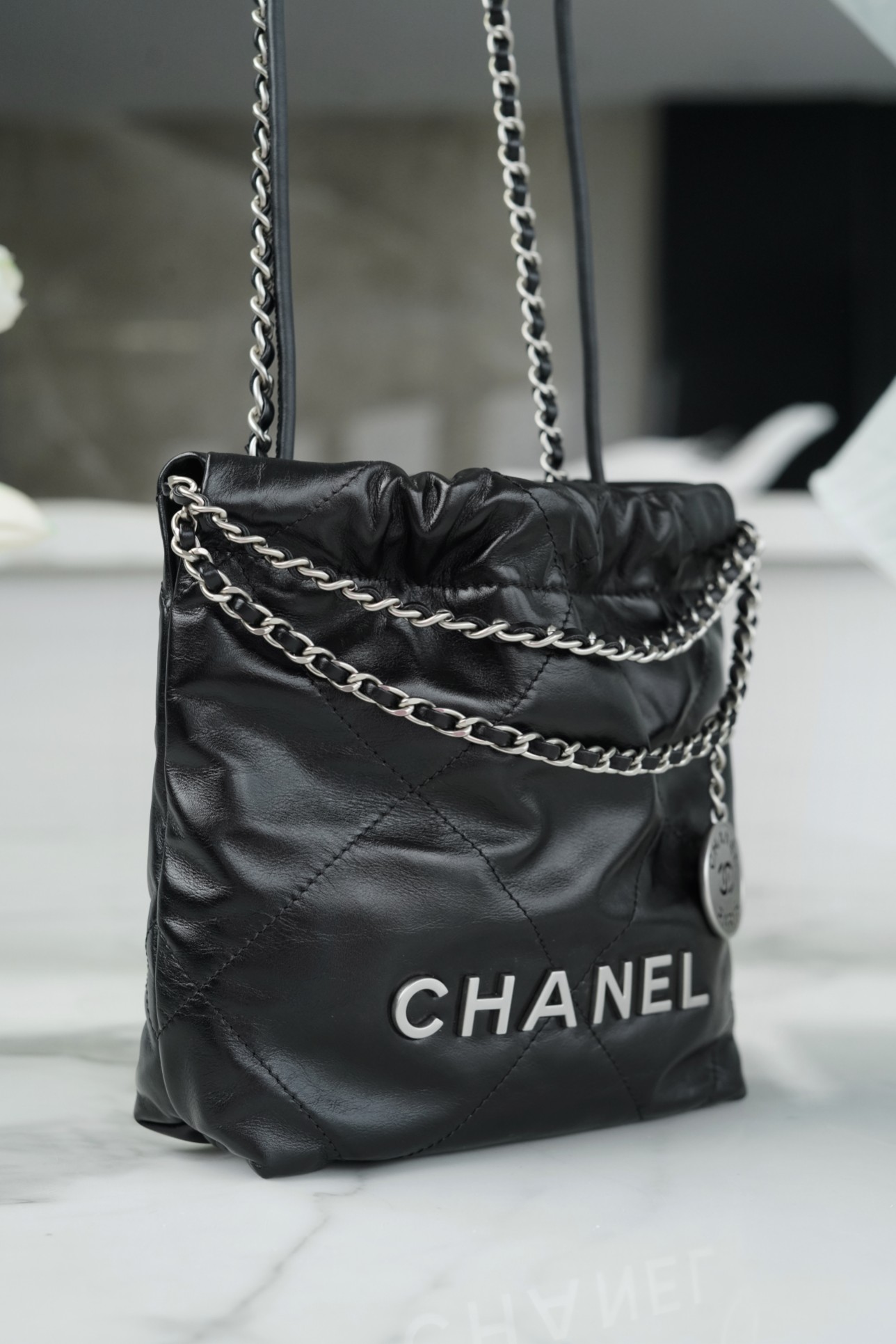 Chanel 23S 22 Mini Bag, Black Silver, Calfskin  