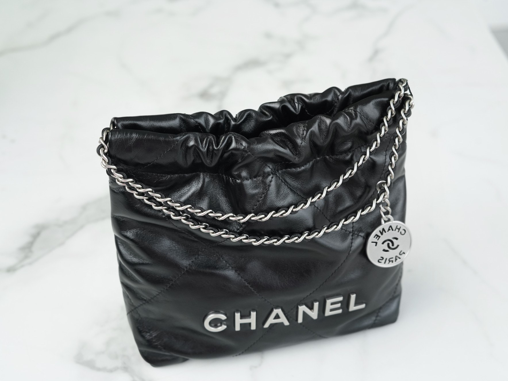 Chanel 23S 22 Mini Bag, Black Silver, Calfskin  