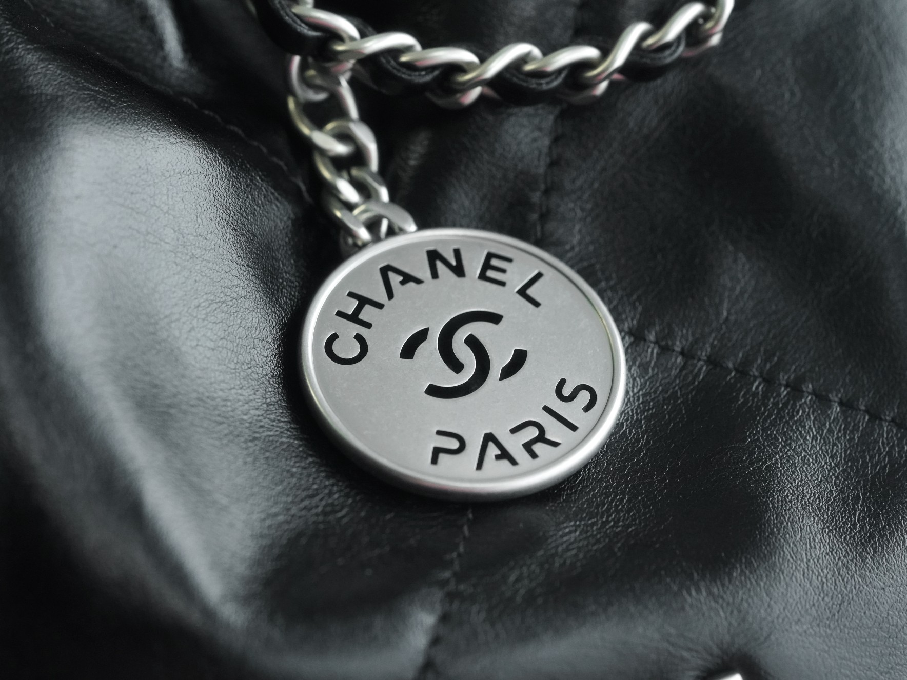 Chanel 23S 22 Mini Bag, Black Silver, Calfskin  