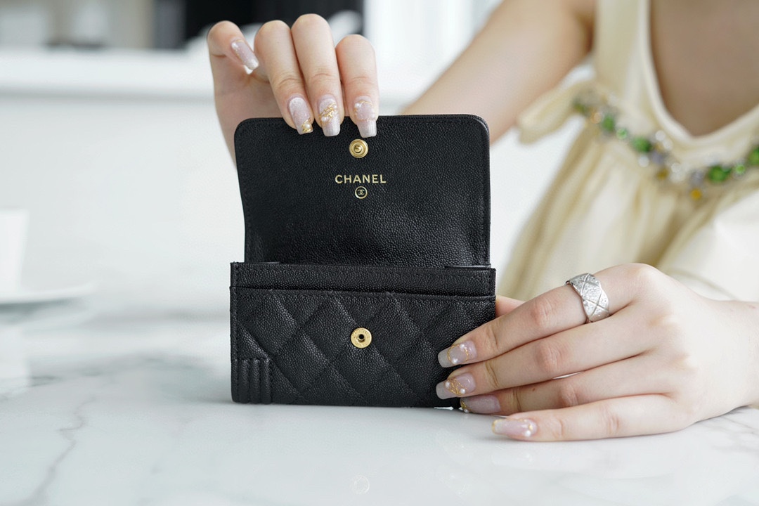 Chanel Leboy Card Holder, Classic Black Gold, Quilted Grain Calfskin  