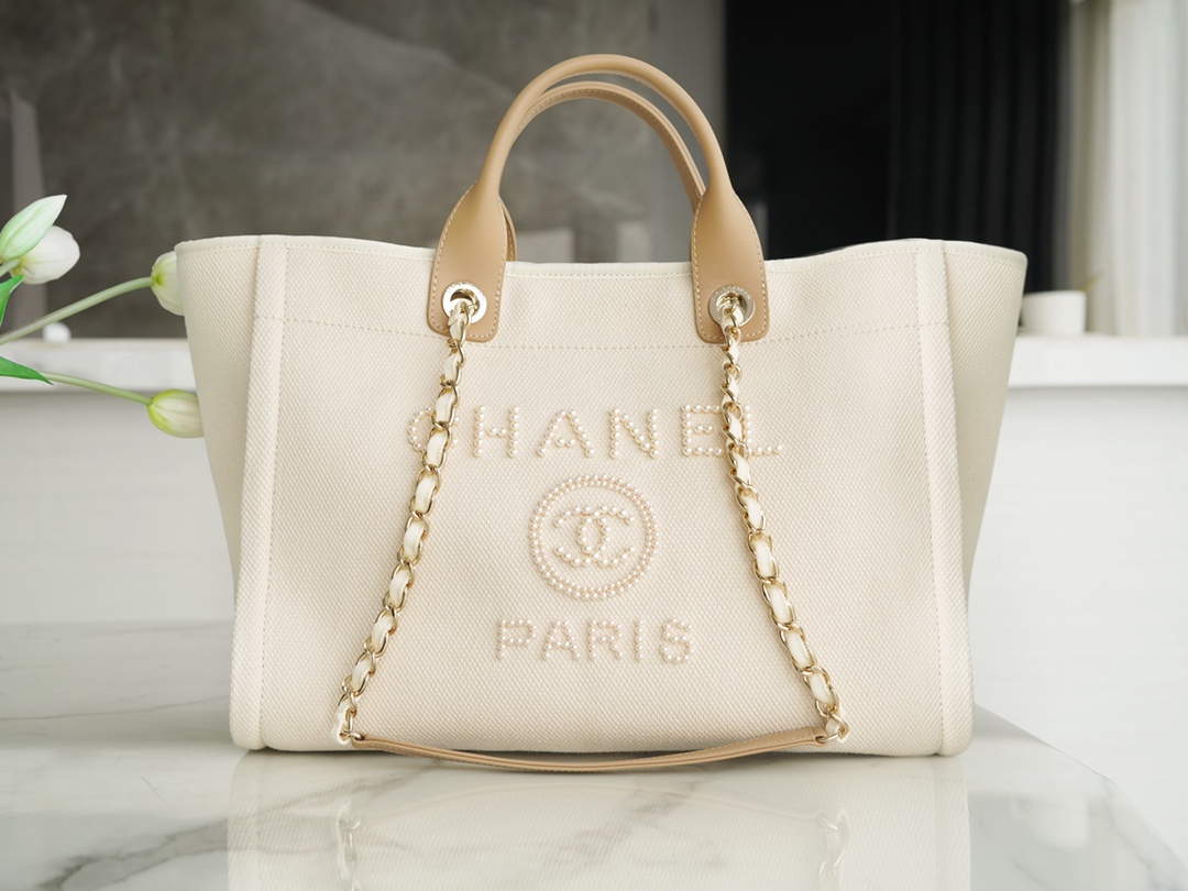 Chanel Pearl Logo Embroidered Beach Bag, Beige  