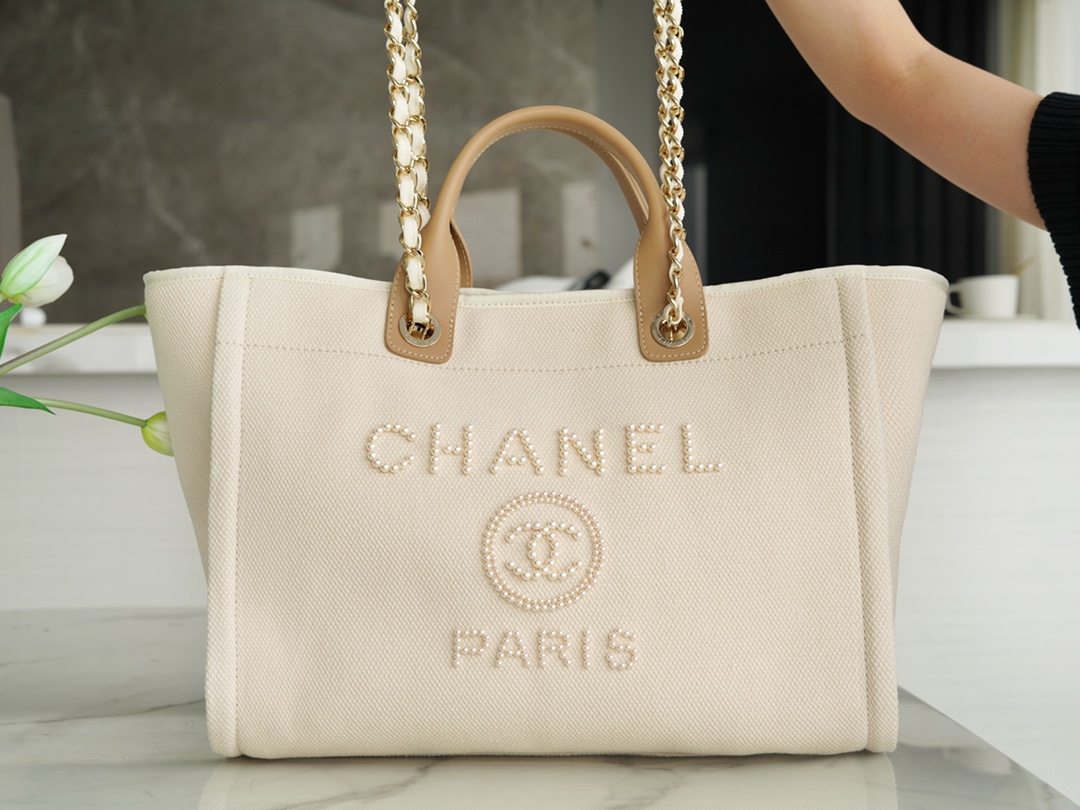 Chanel Pearl Logo Embroidered Beach Bag, Beige  