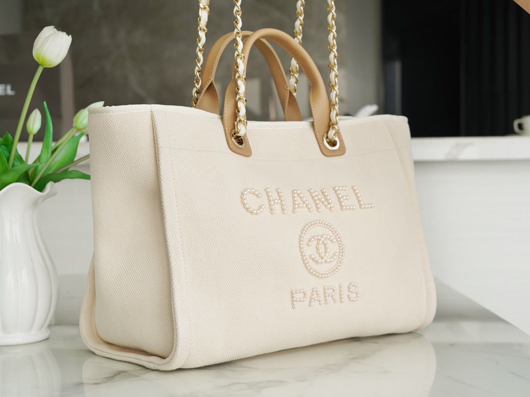 Chanel Pearl Logo Embroidered Beach Bag, Beige  