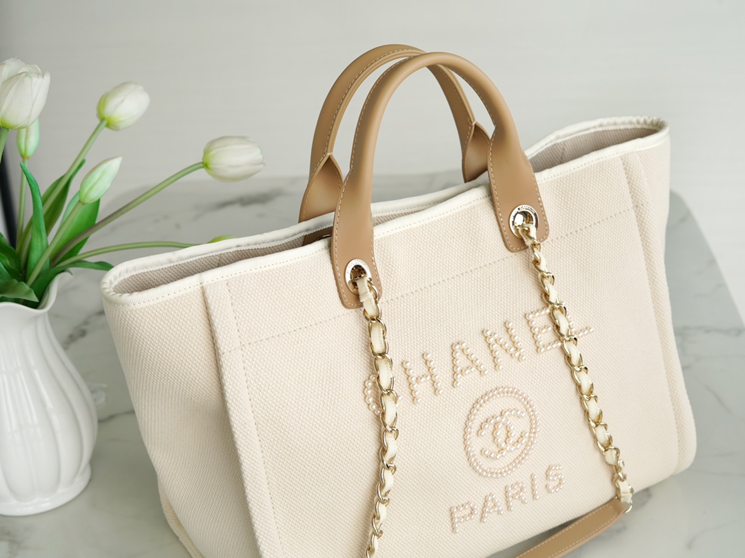 Chanel Pearl Logo Embroidered Beach Bag, Beige  