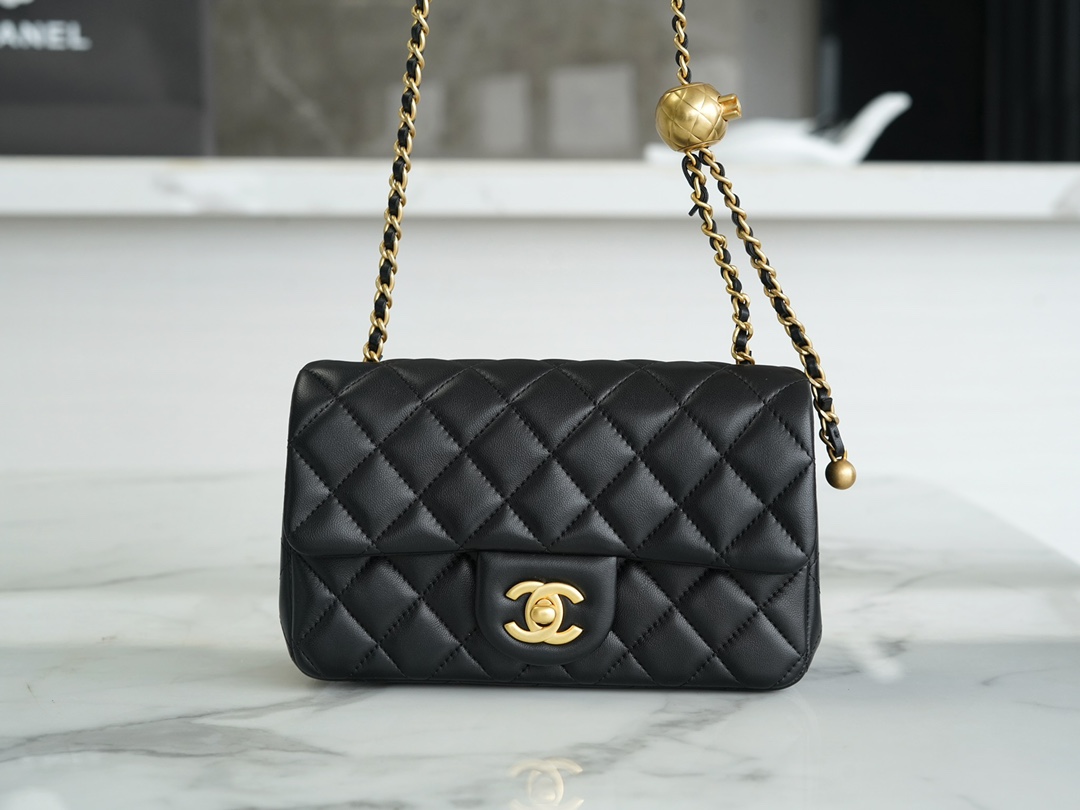 Chanel 23C Metal Ball Mini Boy Bag, Black, Lambskin  