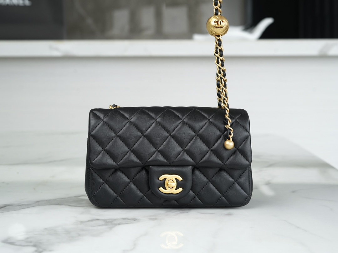 Chanel 23C Metal Ball Mini Boy Bag, Black, Lambskin  