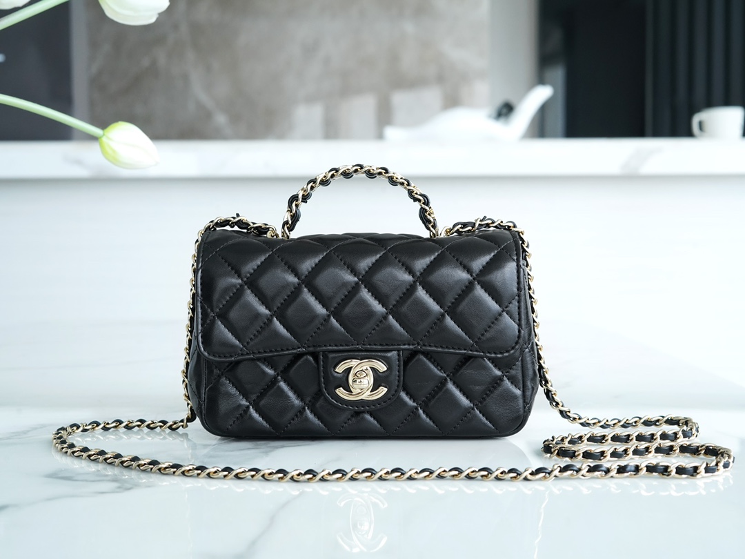 Chanel 23A Rhinestone Handle CF Mini, Black, Lambskin  