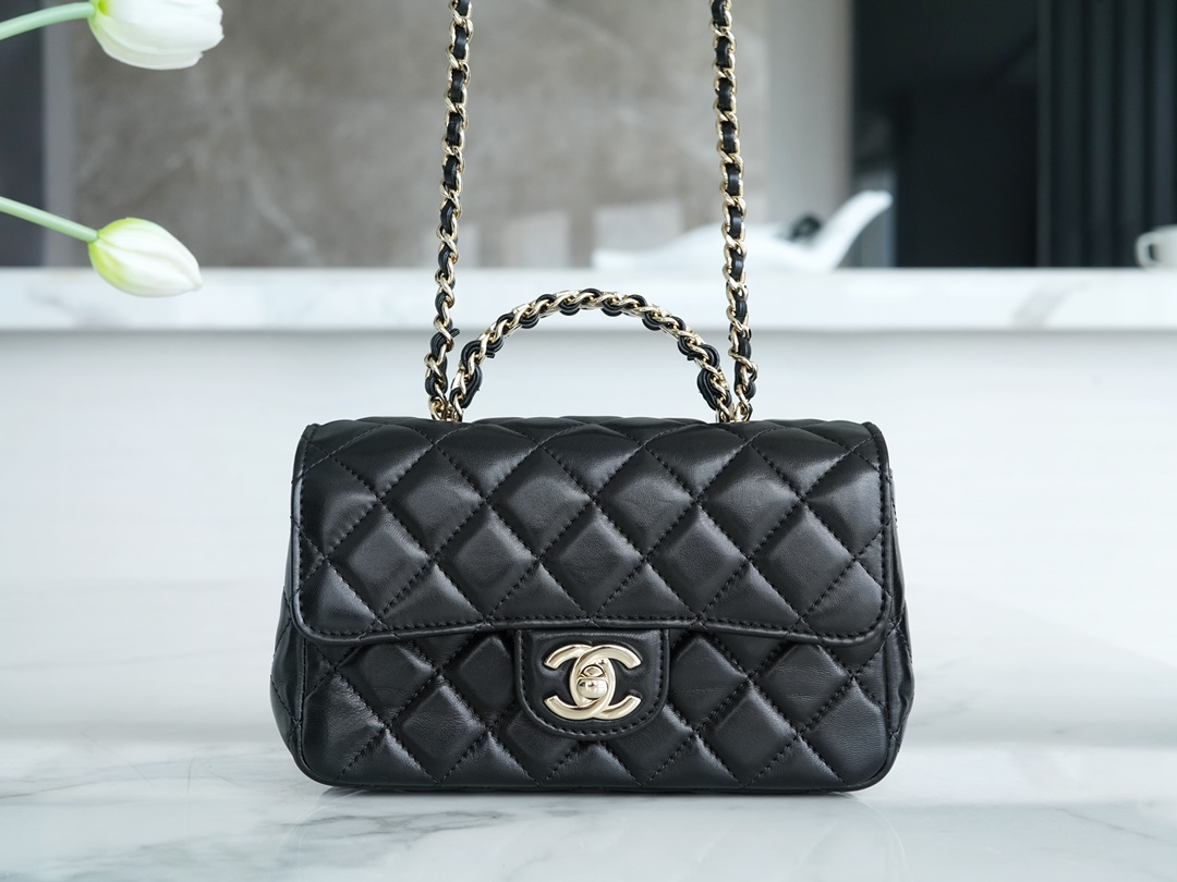 Chanel 23A Rhinestone Handle CF Mini, Black, Lambskin  