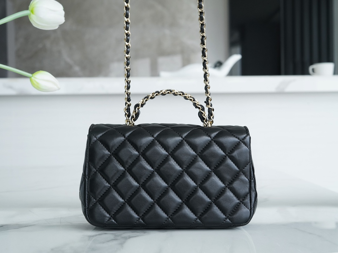 Chanel 23A Rhinestone Handle CF Mini, Black, Lambskin  