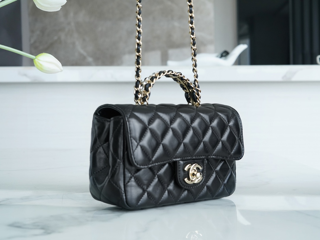 Chanel 23A Rhinestone Handle CF Mini, Black, Lambskin  