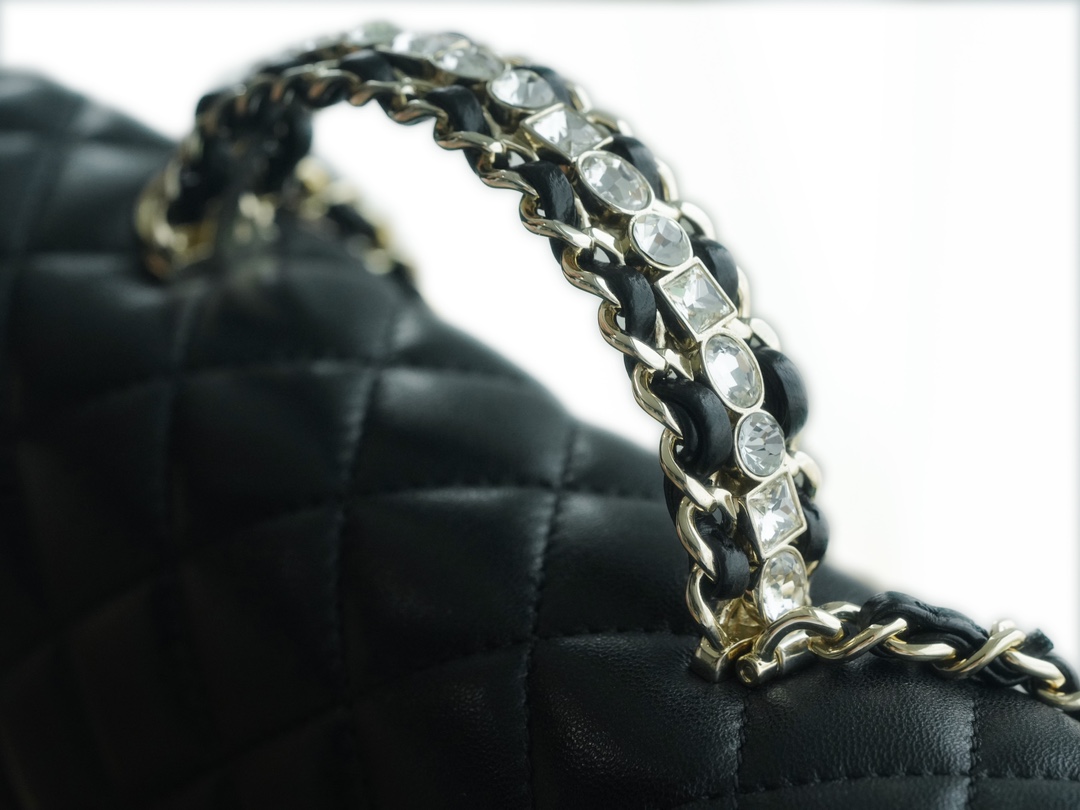 Chanel 23A Rhinestone Handle CF, Small, Black, Lambskin  