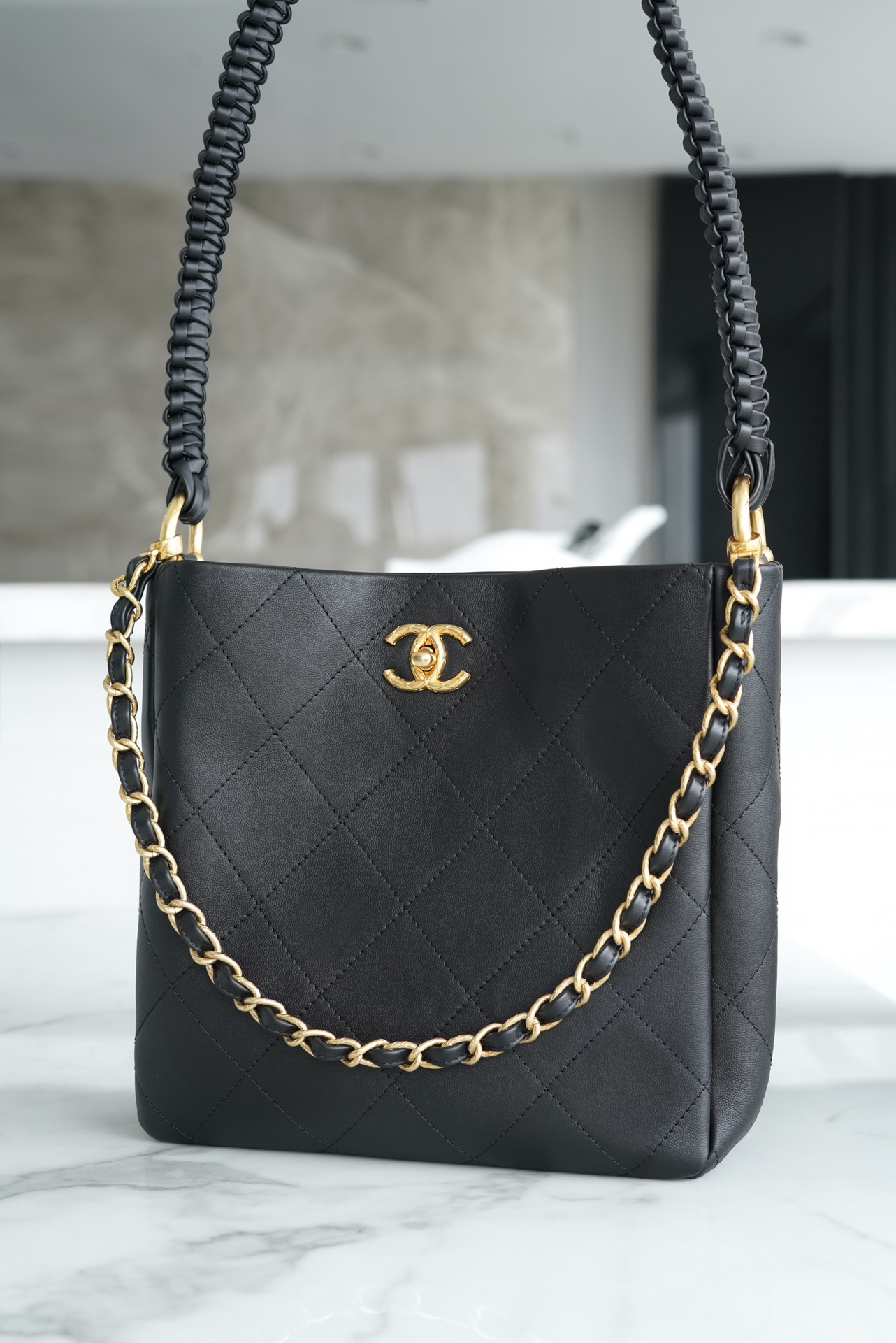 Chanel 23A New Hobo Hippie Bag, Black, Calfskin  