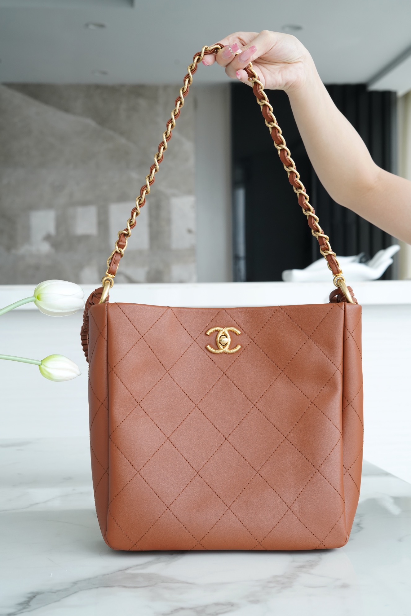 Chanel 23A New Hobo Hippie Bag, Caramel, Calfskin  