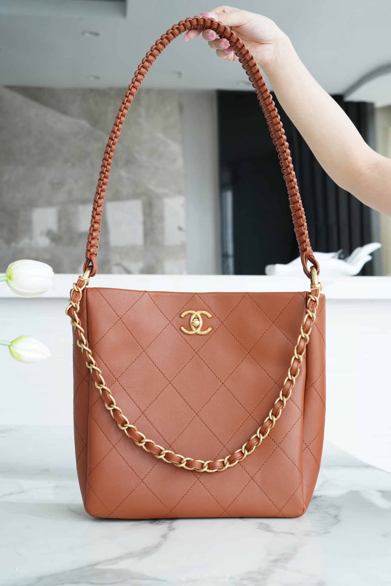 Chanel 23A New Hobo Hippie Bag, Caramel, Calfskin  