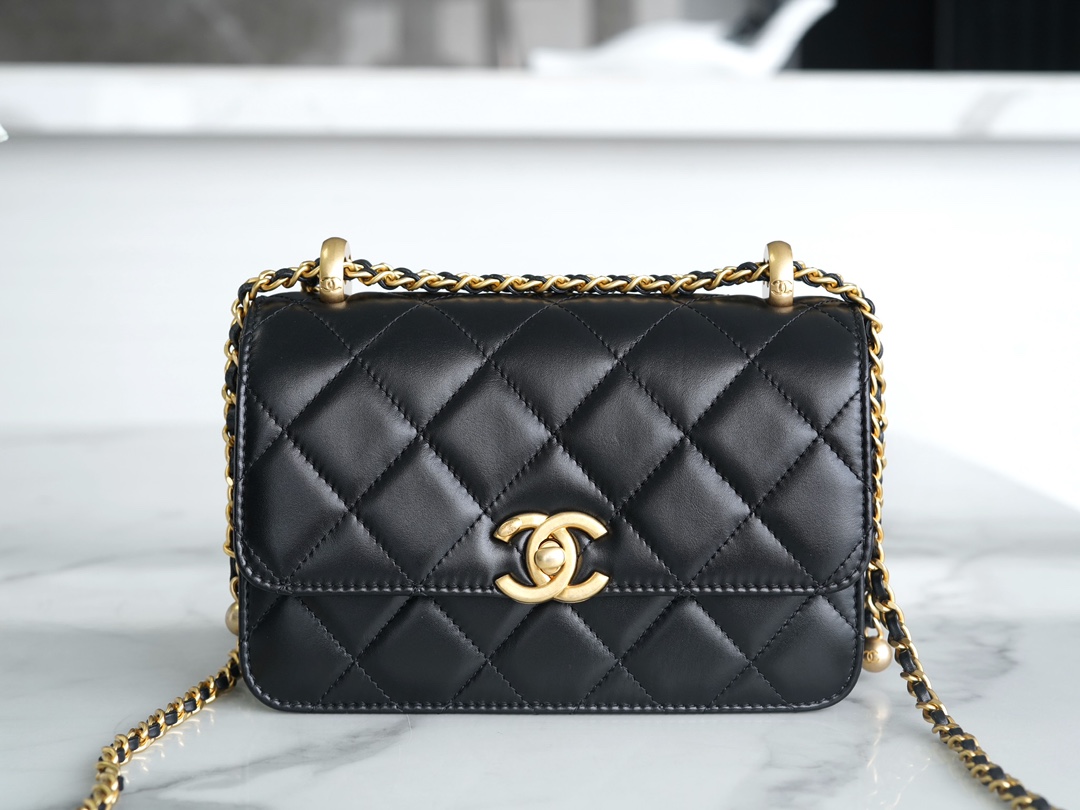 Chanel 24C Double Metal Ball CF Mini, 19cm, Black, Glossy Calfskin  