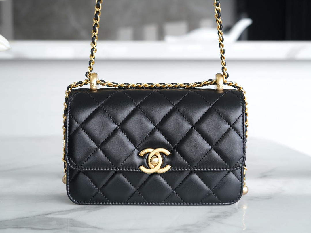 Chanel 24C Double Metal Ball CF Mini, 19cm, Black, Glossy Calfskin  