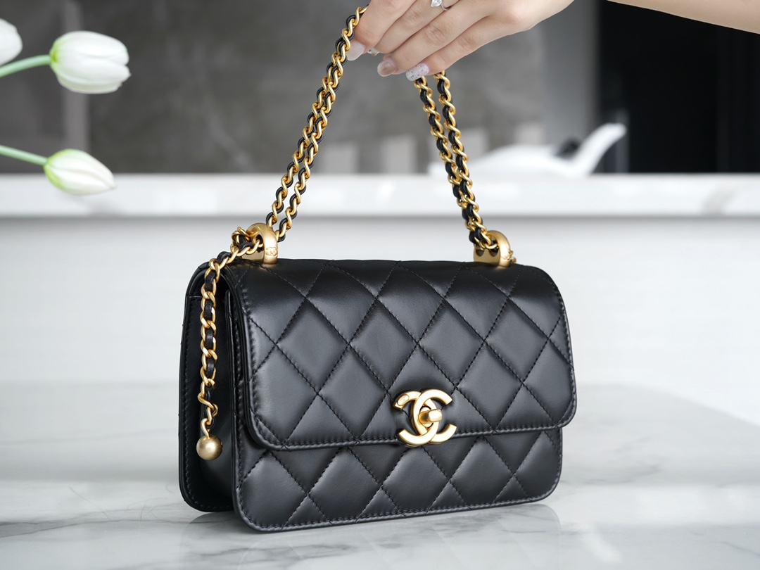 Chanel 24C Double Metal Ball CF Mini, 19cm, Black, Glossy Calfskin  