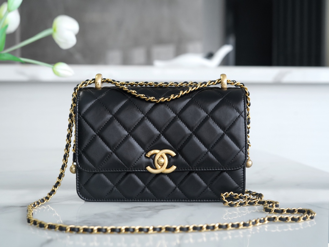 Chanel 24C Double Metal Ball, 22cm, Black, Calfskin  