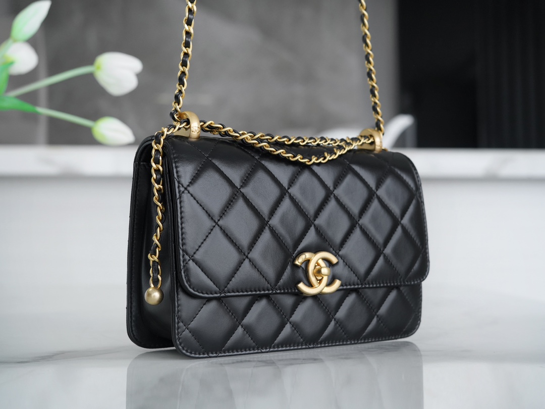 Chanel 24C Double Metal Ball, 22cm, Black, Calfskin  