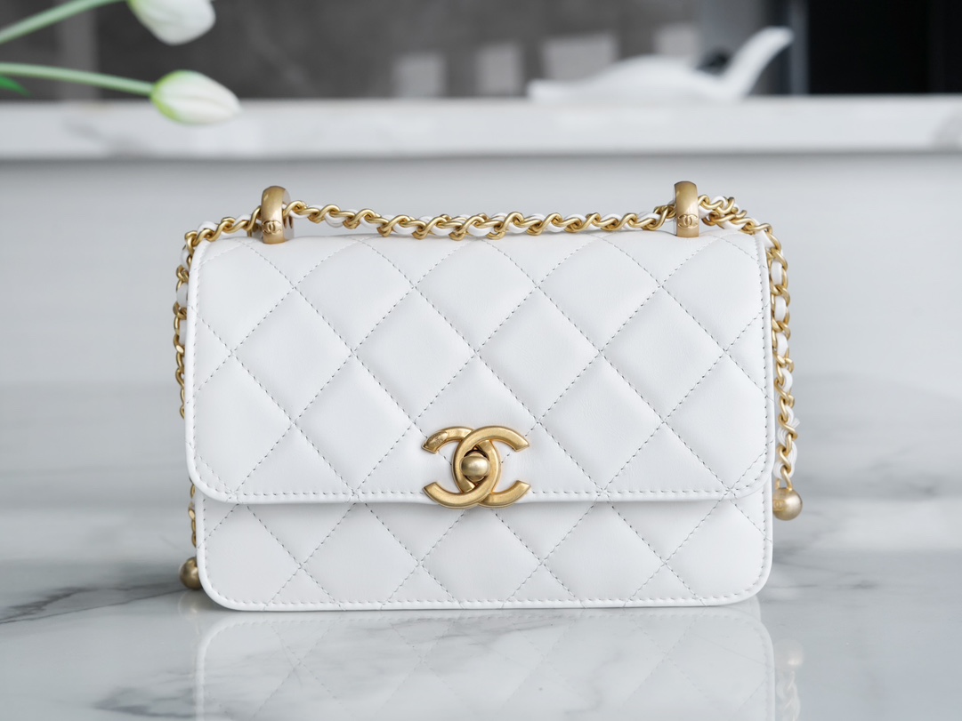 Chanel 24C Double Metal Ball CF Mini, 19cm, White, Glossy Calfskin  