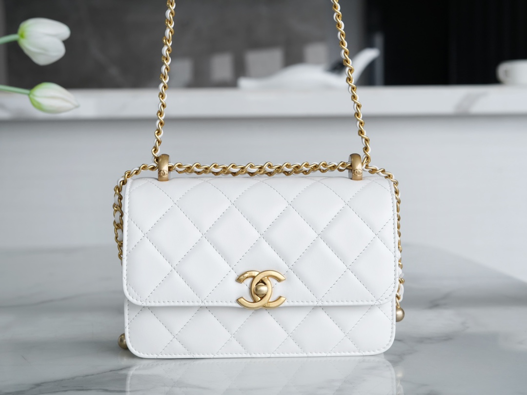 Chanel 24C Double Metal Ball CF Mini, 19cm, White, Glossy Calfskin  