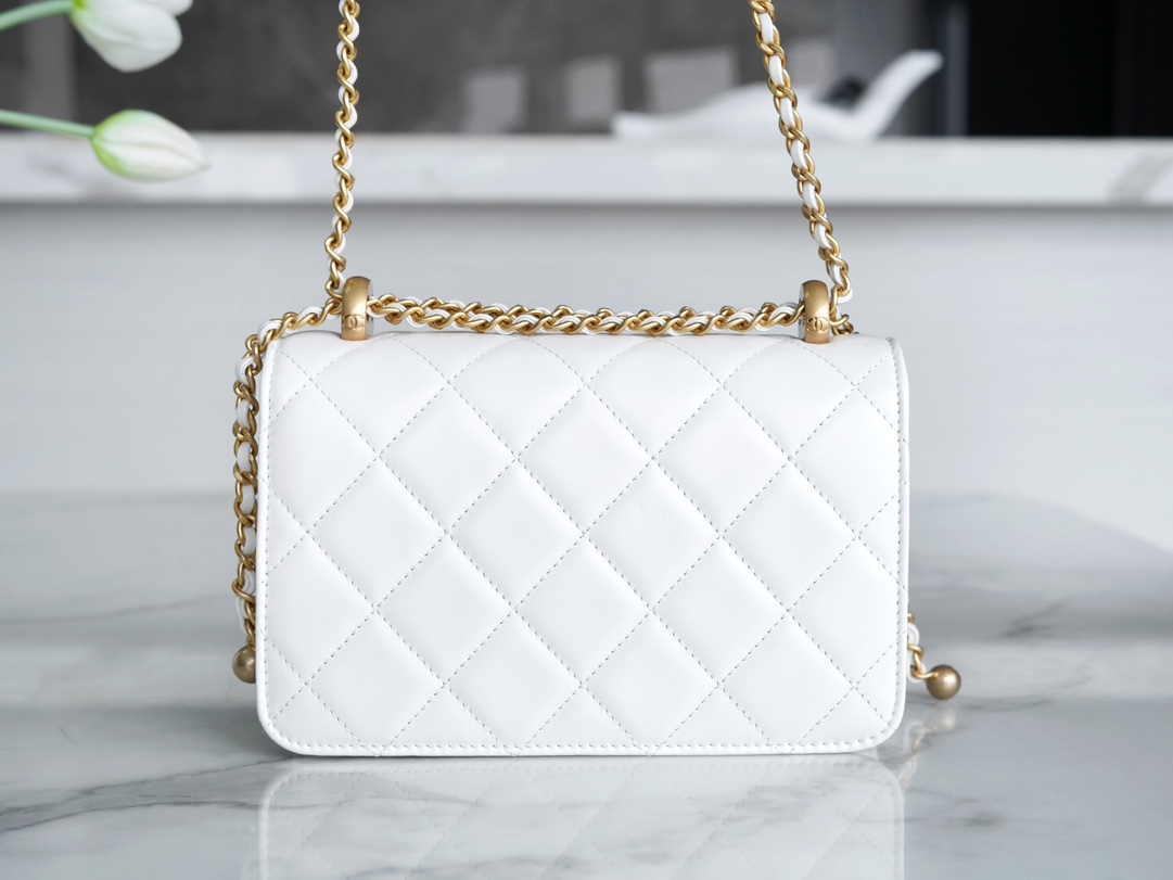 Chanel 24C Double Metal Ball CF Mini, 19cm, White, Glossy Calfskin  