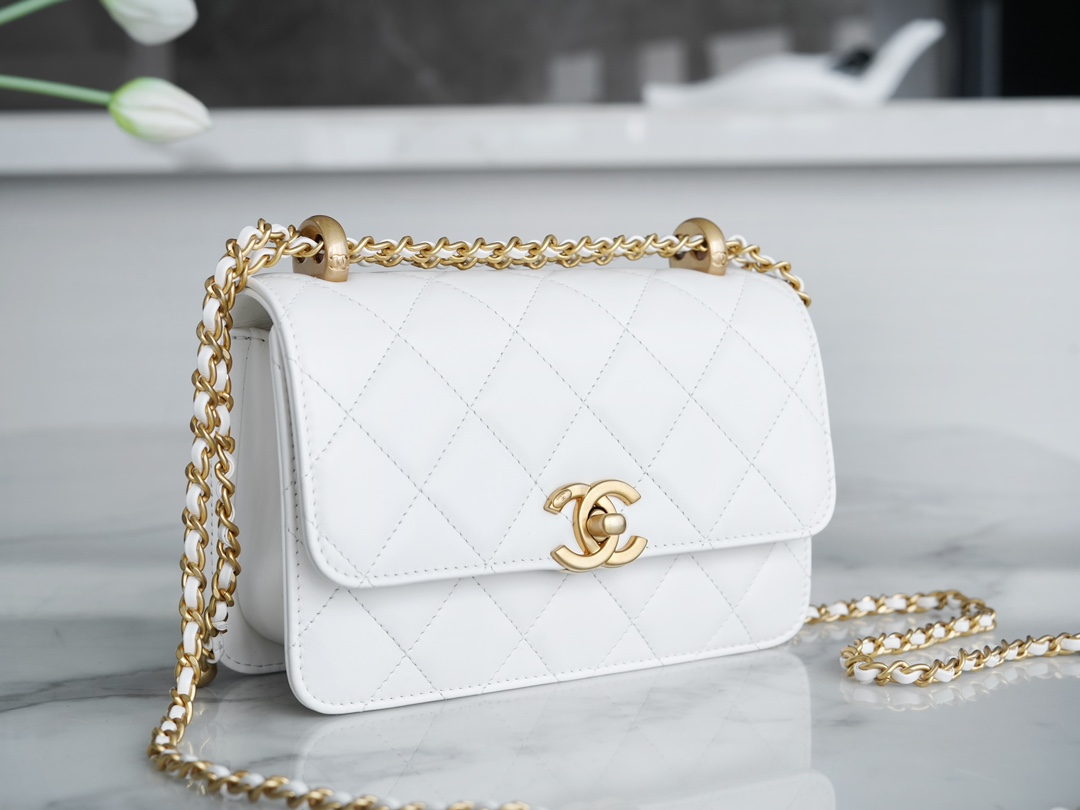 Chanel 24C Double Metal Ball CF Mini, 19cm, White, Glossy Calfskin  