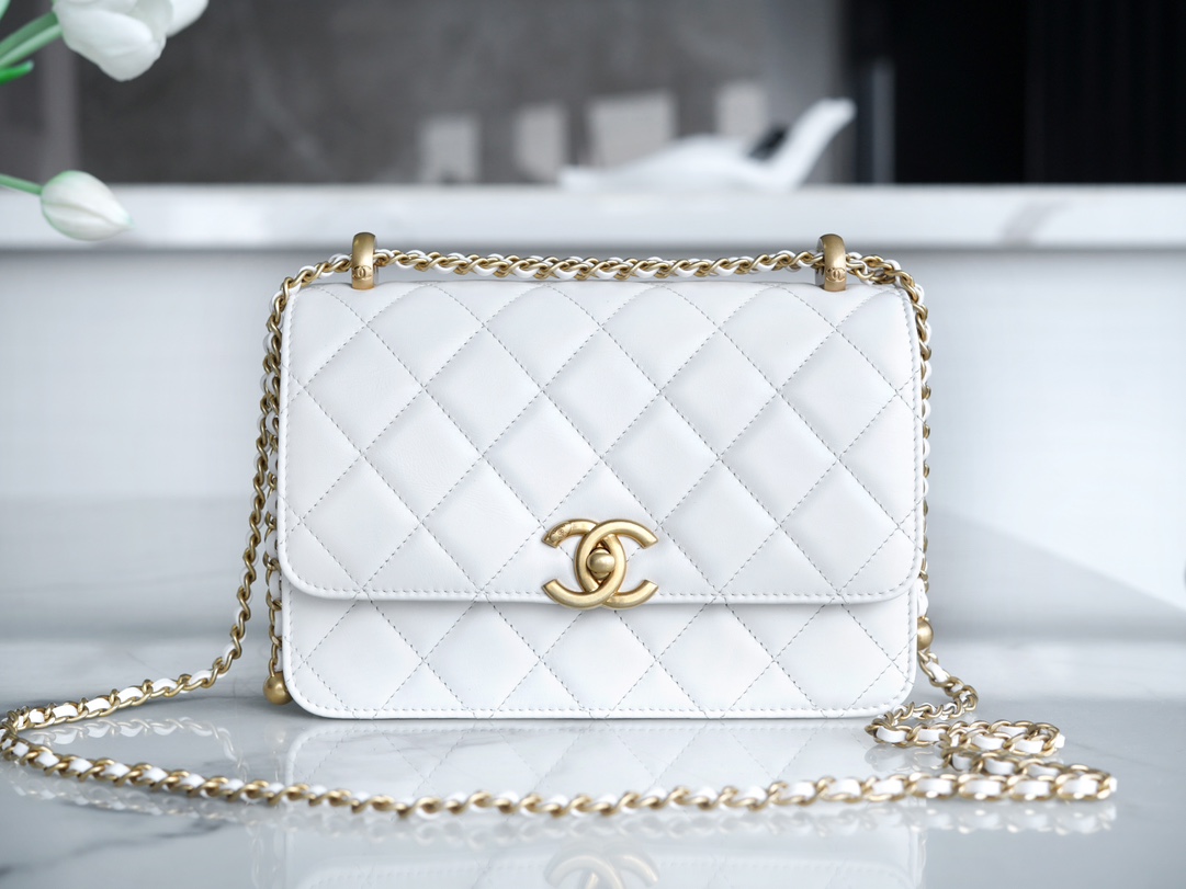 Chanel 24C Double Metal Ball, 22cm, White, Glossy Calfskin  