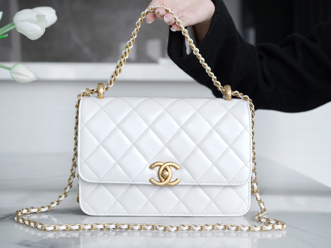 Chanel 24C Double Metal Ball, 22cm, White, Glossy Calfskin  