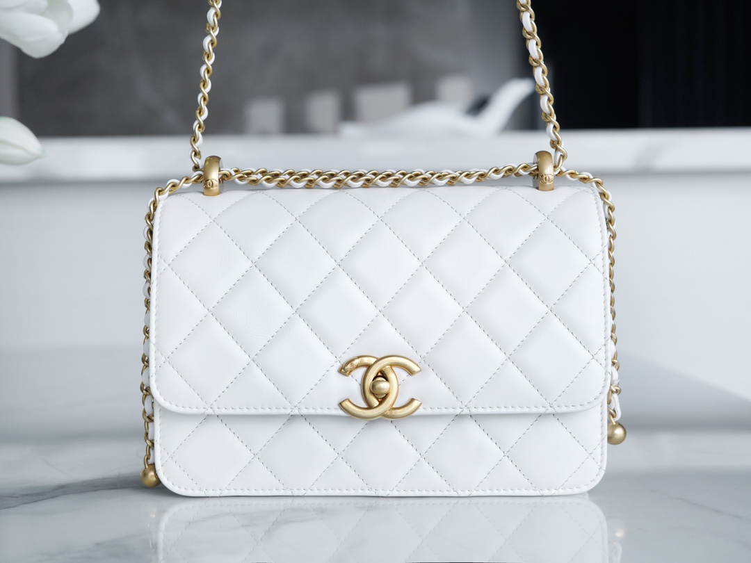 Chanel 24C Double Metal Ball, 22cm, White, Glossy Calfskin  