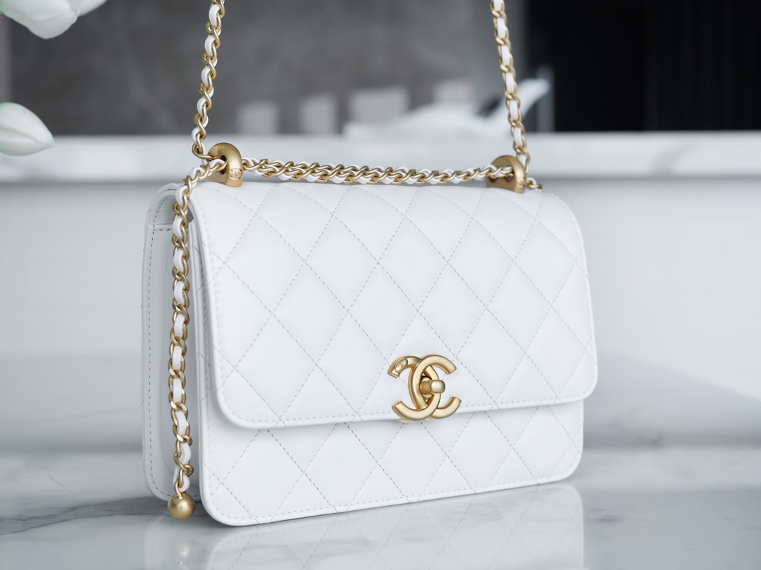 Chanel 24C Double Metal Ball, 22cm, White, Glossy Calfskin  