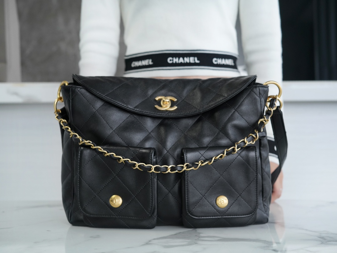 Chanel 24P Hobo Messenger Bag, Large, Black, Oil Waxed Calfskin  