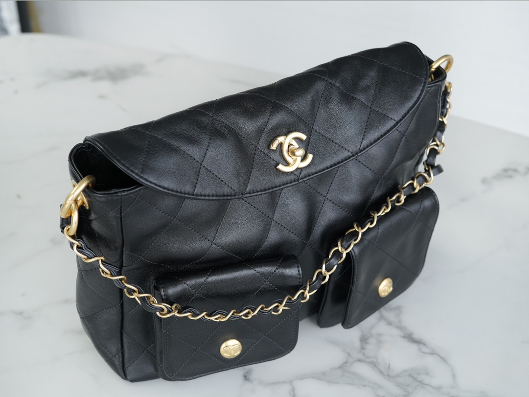 Chanel 24P Hobo Messenger Bag, Large, Black, Oil Waxed Calfskin  