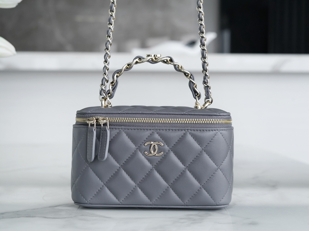 Chanel 23K Fall/Winter New "Mini Double C" Handle Long Box, Gray, Lambskin  