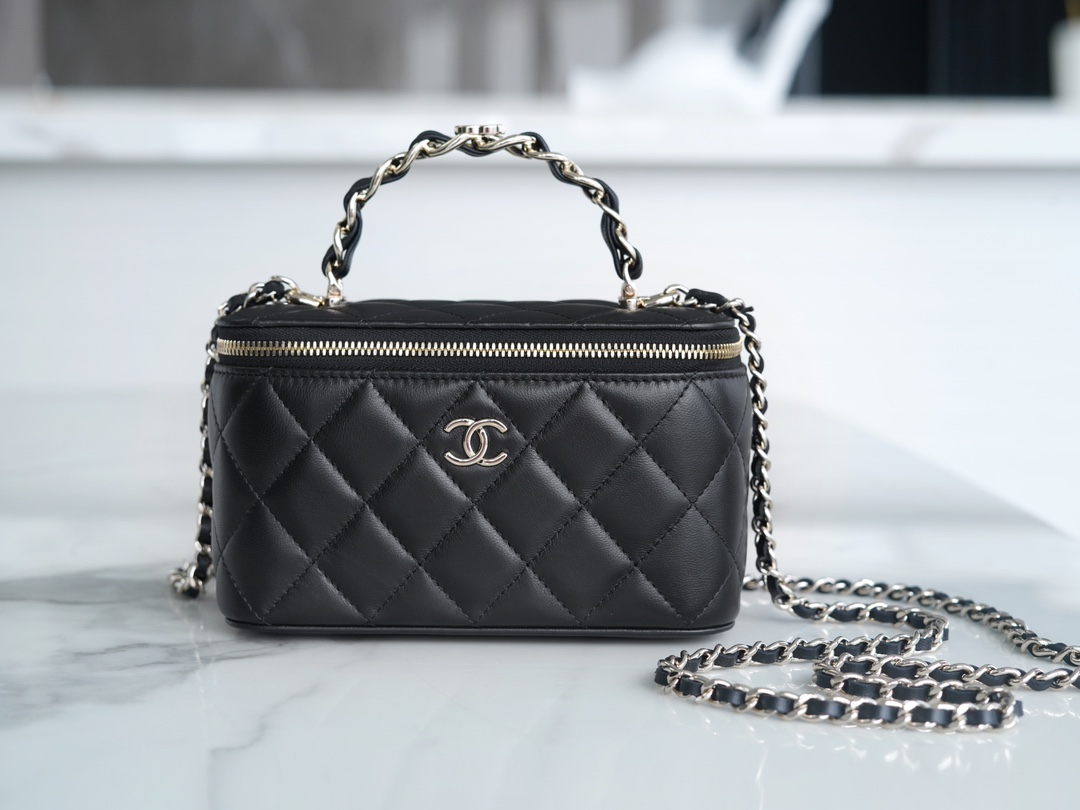 Chanel 23K Fall/Winter New "Mini Double C" Handle Long Box, Black, Lambskin  