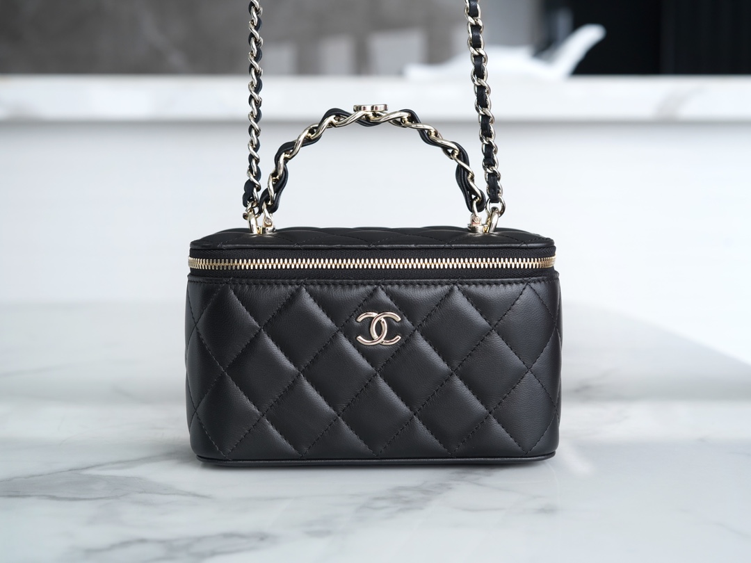 Chanel 23K Fall/Winter New "Mini Double C" Handle Long Box, Black, Lambskin  