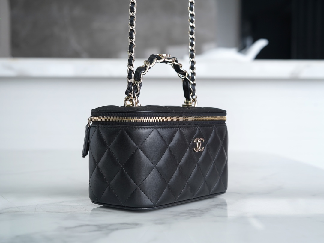 Chanel 23K Fall/Winter New "Mini Double C" Handle Long Box, Black, Lambskin  