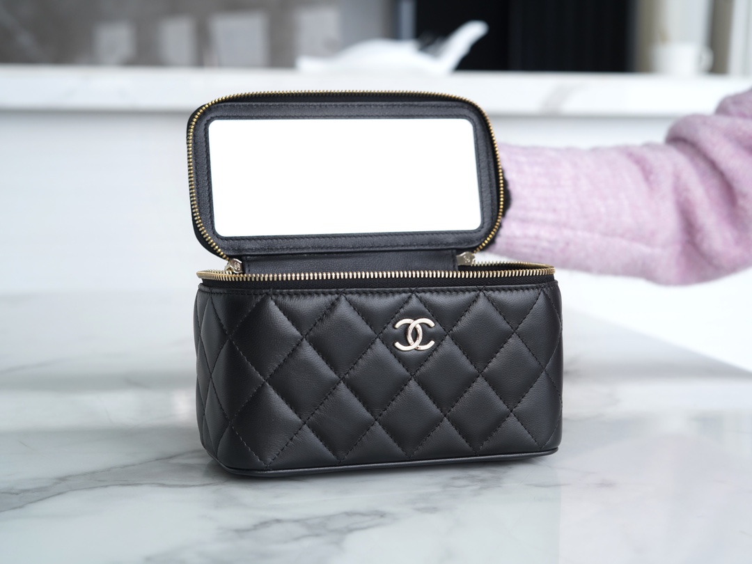 Chanel 23K Fall/Winter New "Mini Double C" Handle Long Box, Black, Lambskin  