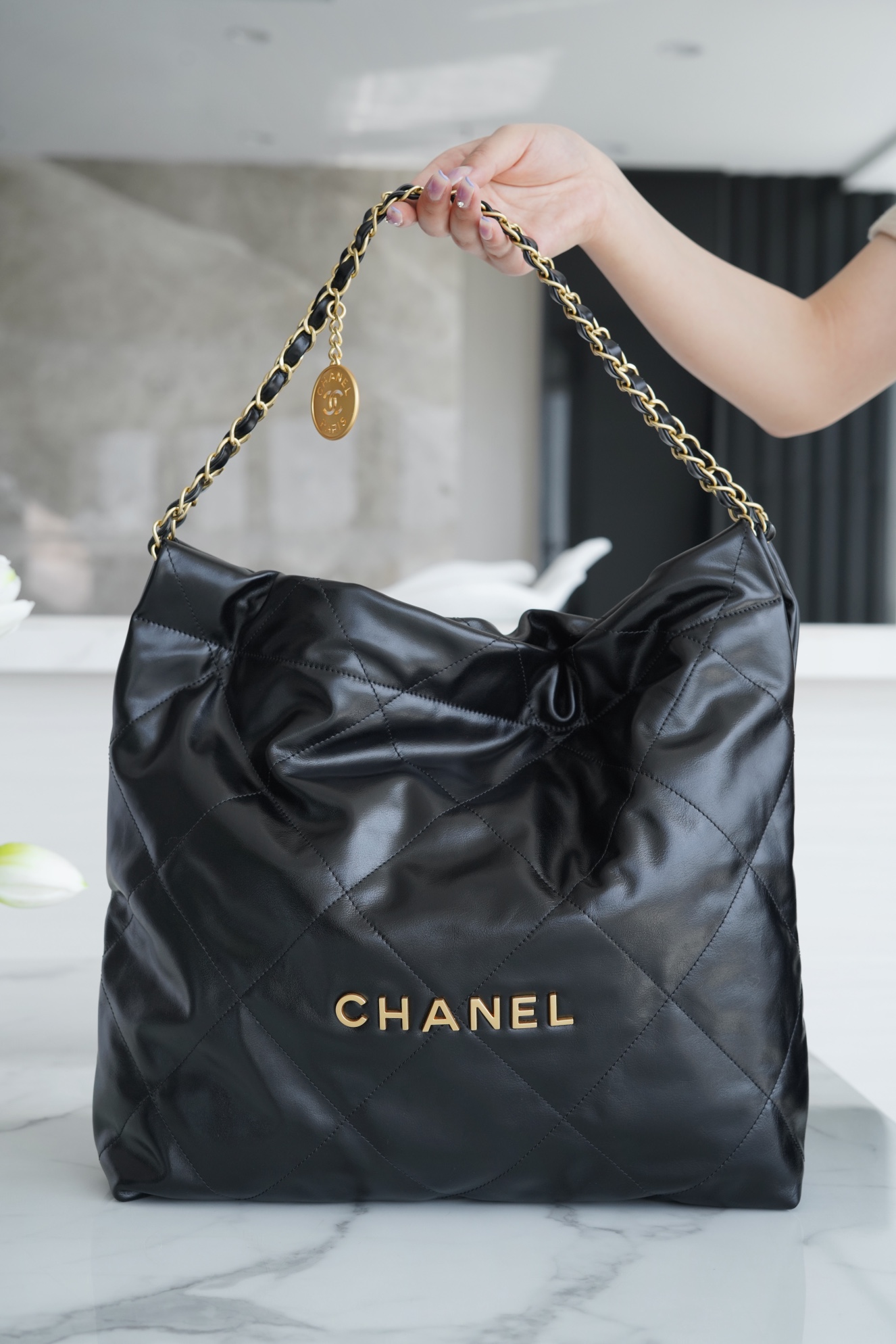 Chanel 22P Bag, Medium, Black, Glossy Calfskin  