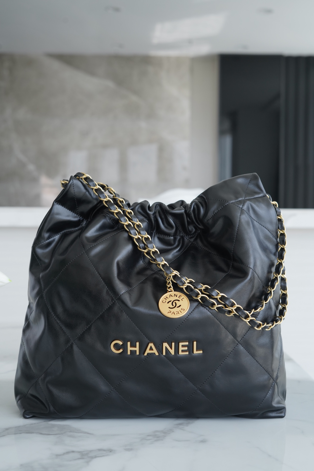 Chanel 22P Bag, Medium, Black, Glossy Calfskin  