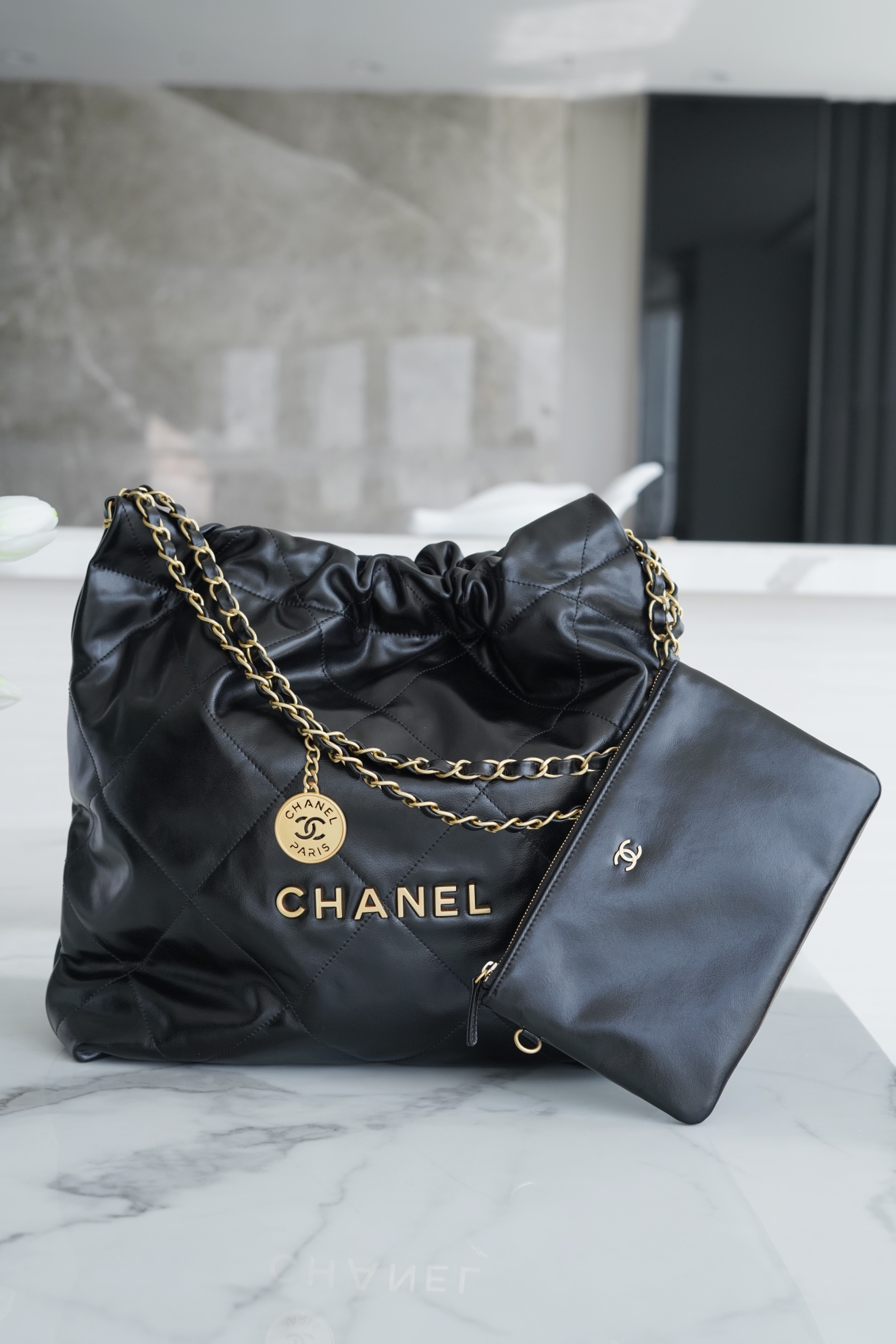 Chanel 22P Bag, Medium, Black, Glossy Calfskin  