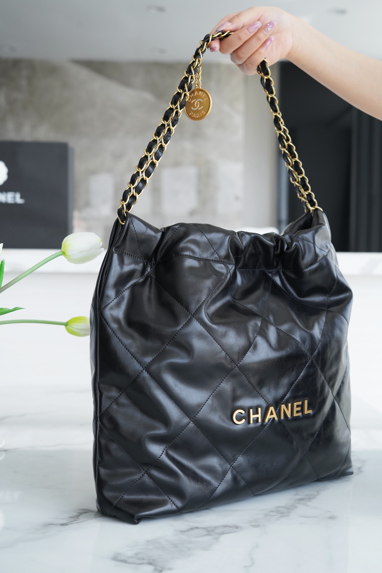 Chanel 22P Bag, Medium, Black, Glossy Calfskin  