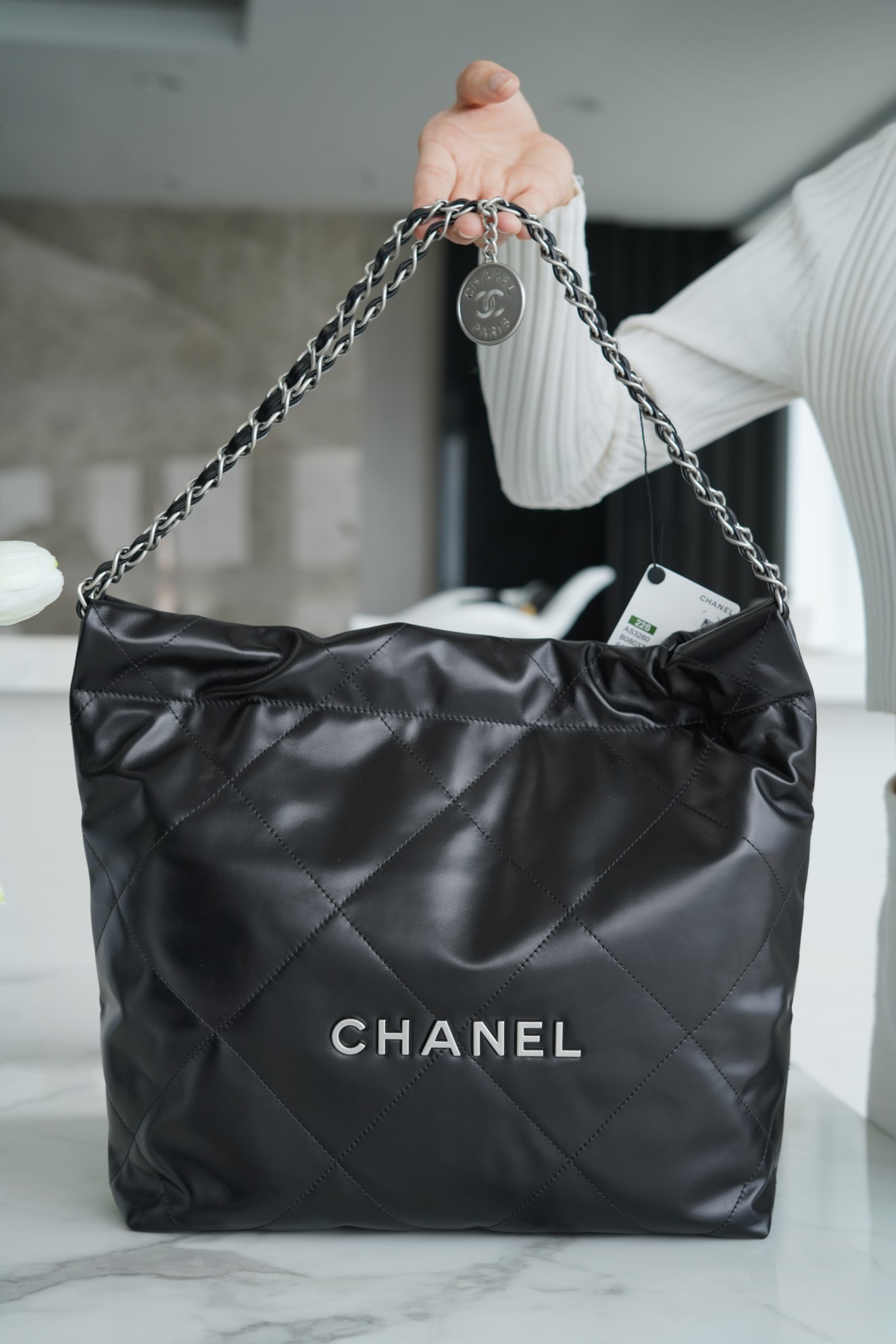 Chanel 22P Spring/Summer New 22 Bag, Small, Black, Silver Hardware  